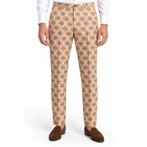 Mens 36 Cream Brown Floral Block Print Cotton Slim Fit Dress Pants Trousers NWT